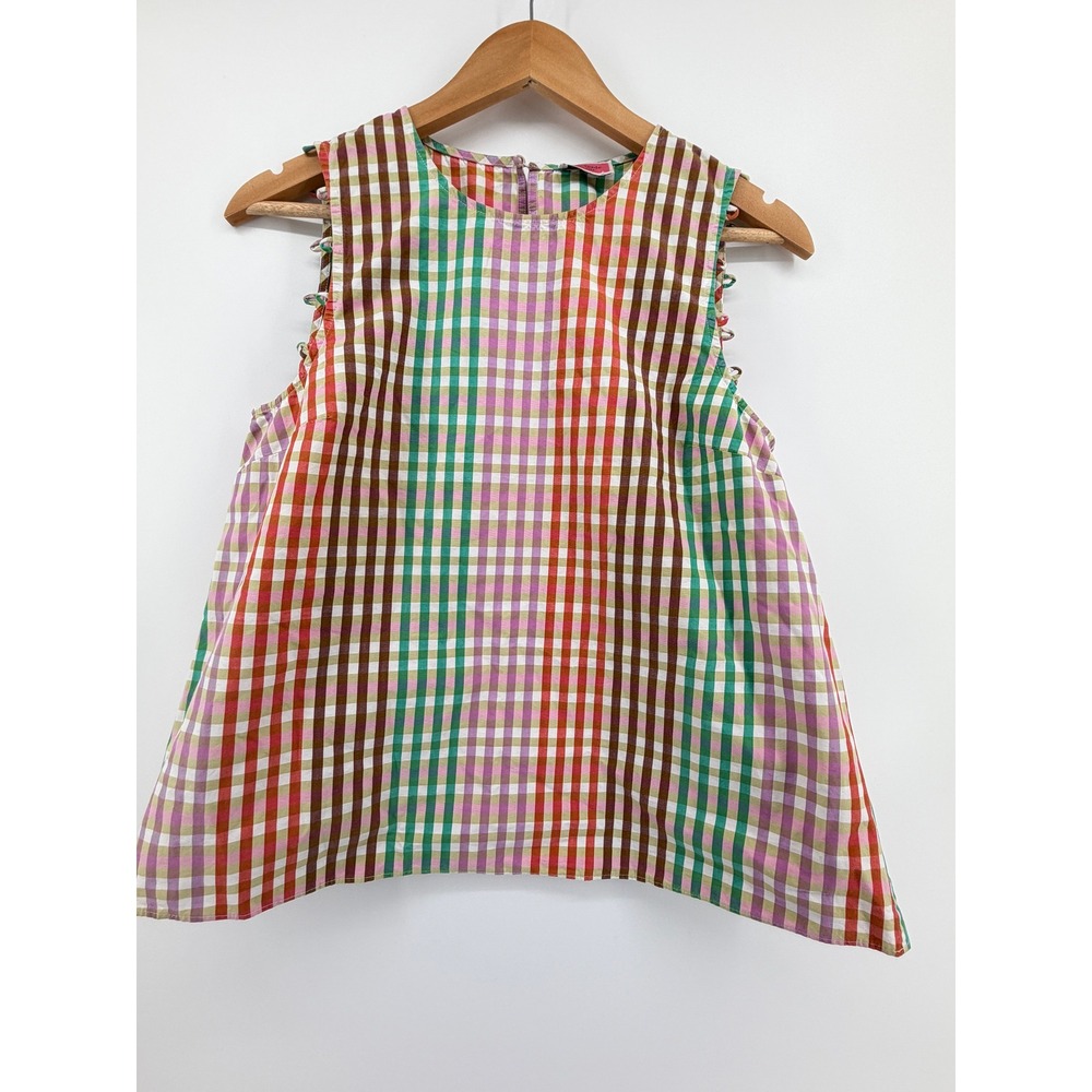 Kate Spade New York Rainbow Gingham Ruffle Button Trim Cotton Top 100% COTTON